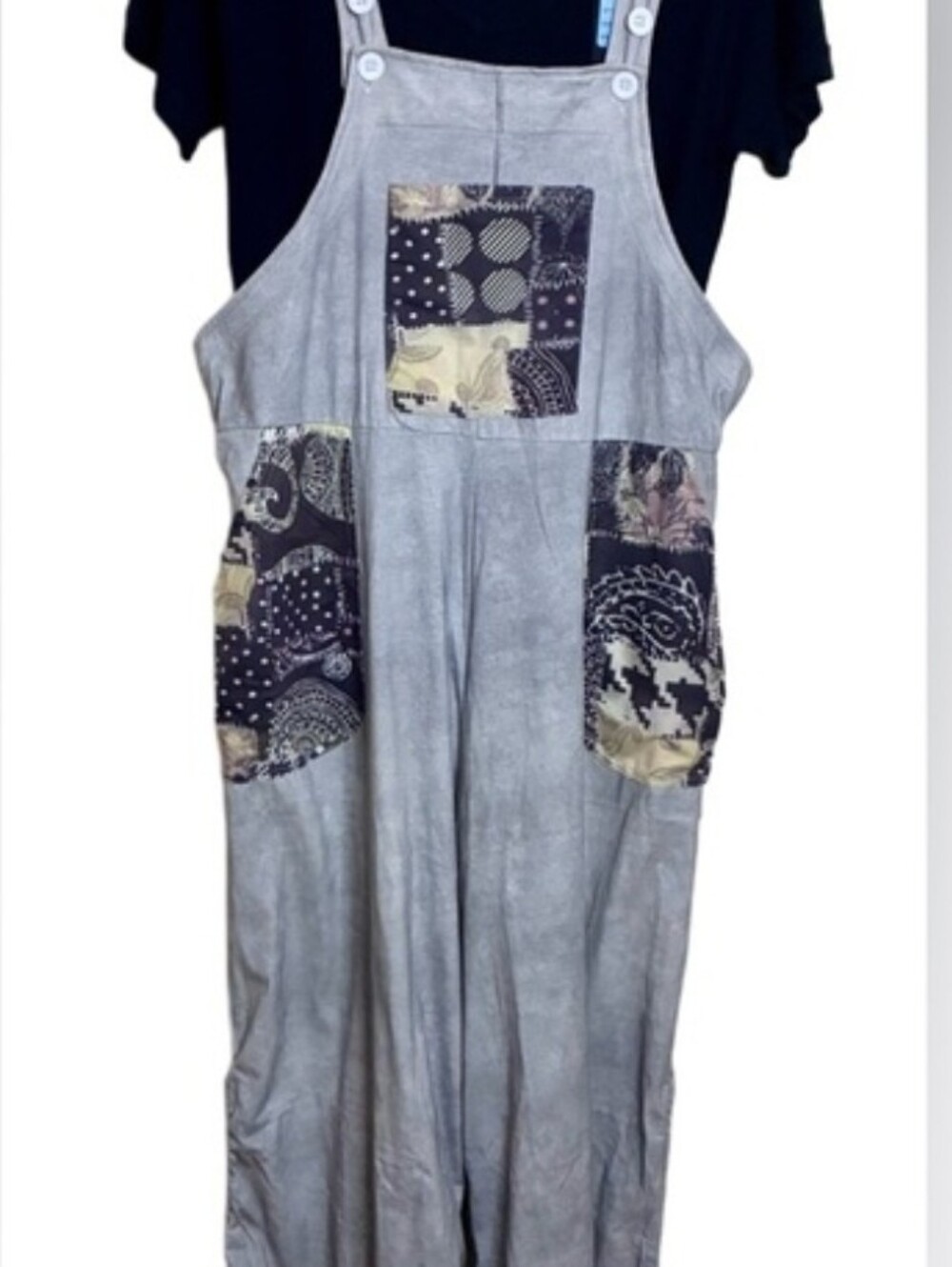 New Floral Mandala Patchwork Grey Adjustable Drawstring Hem Overall/Jumpsuit S/M - Picture 6 of 10